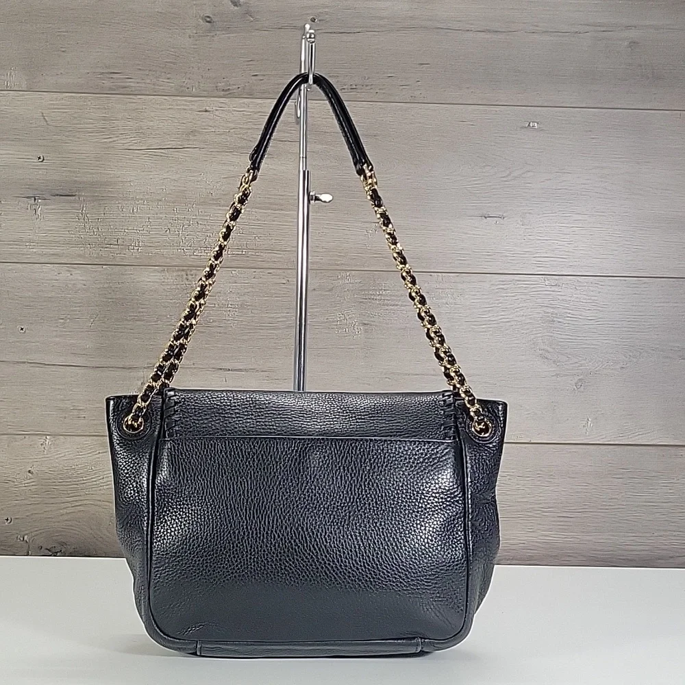 Tory Burch Flap Front Pebble Black Leather Shoulder Bag with Gold Chain-Strap